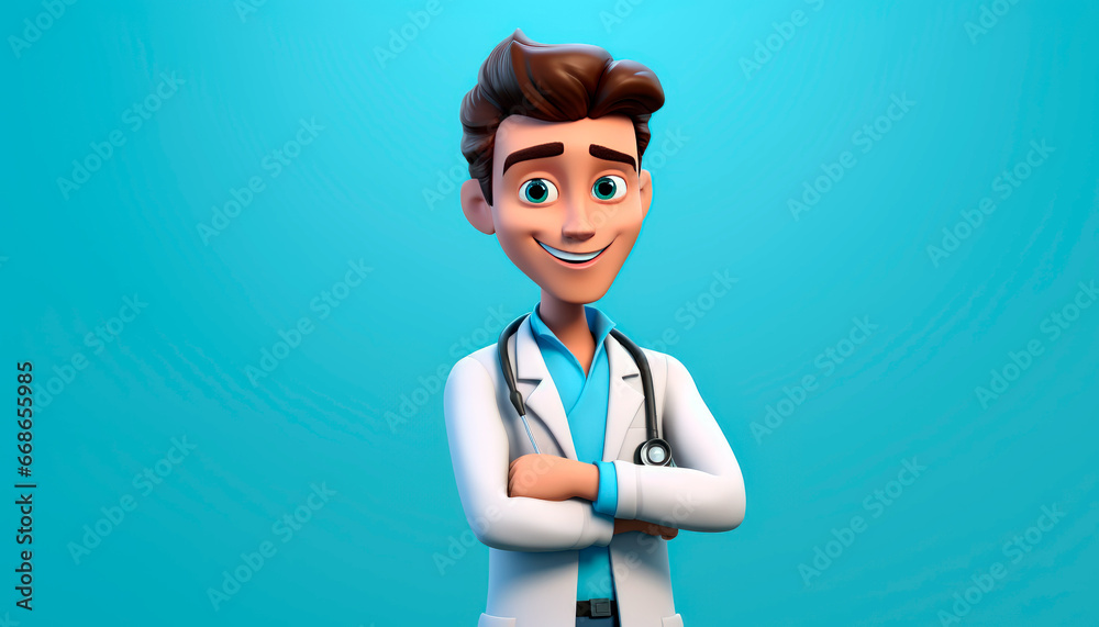 Smiling man doctor over blue background. Medical specialist. Cute 3D character illustration for medical concept.
