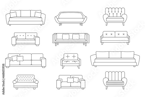 A set of sofas, ottomans. Collection of upholstered furniture for the home. Icons, illustrations, sketch, vector