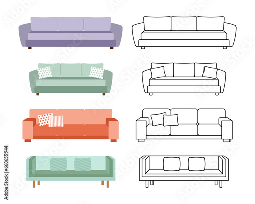 A set of sofas, ottomans. Collection of upholstered furniture for the home. Icons, illustrations, sketch, vector