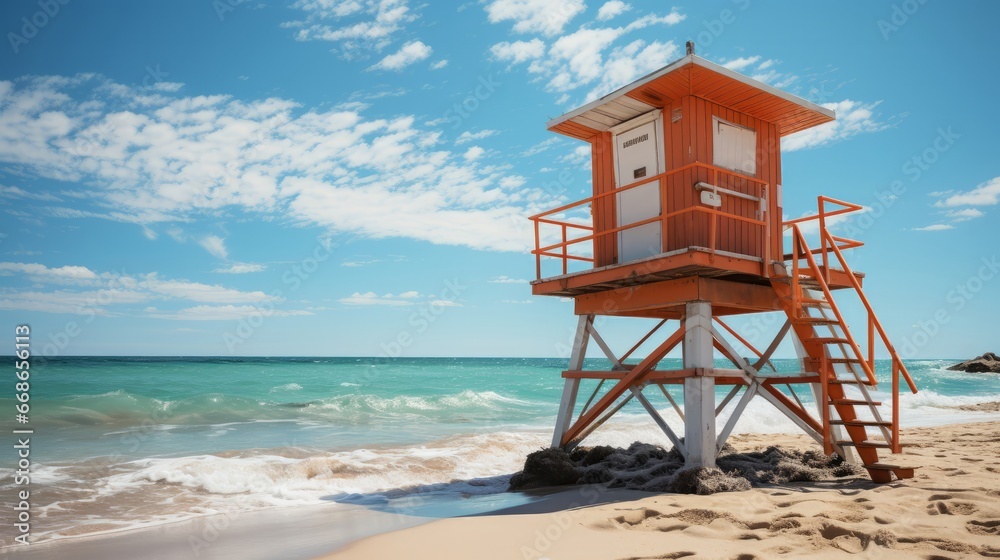 Lifeguard tower on beach. Generative AI.