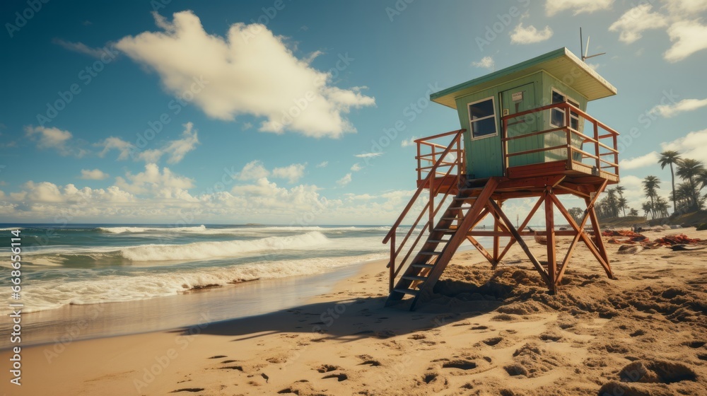 Lifeguard tower on beach. Generative AI.