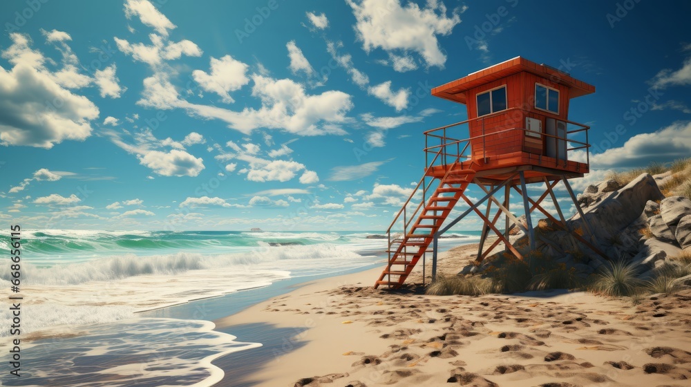 Lifeguard tower on beach. Generative AI.