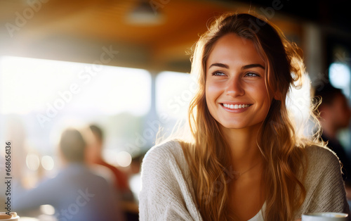 Young woman having a coffee on a cafeteria. Freelance or student girl having a break. photo