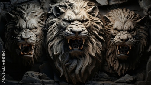 Lion faces carved on stone wall. Generative AI. photo