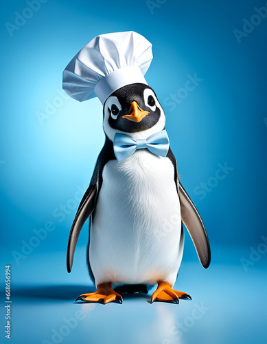 Pingouin, manchot avec une toque de chef cuisinier et un nœud de papillon, isolé sur fond uni bleu, concept humour pour produit au rayon frais et surgelé - IA générative © CURIOS