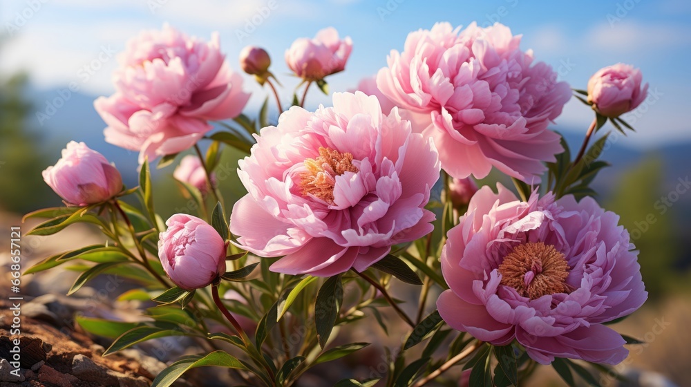 Magenta peony flowers. Generative AI. Magenta peony flowers. Generative AI.