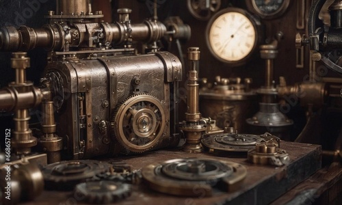 Steampunk background. Mechanisms, gears, light bulbs and clocks