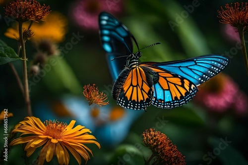 butterfly on flower summer background. Generative AI technology