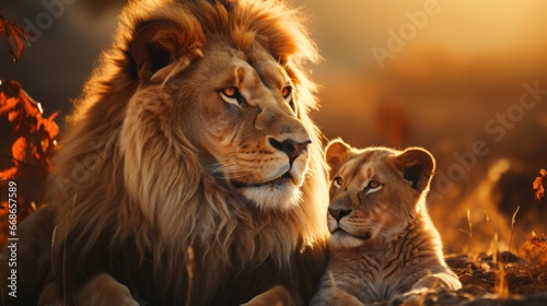 Majestic African lion couple loving pride. Generative AI.