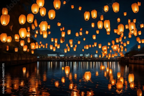 Lots of Paper Fly Lanterns next to the River.