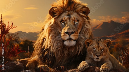 Majestic African lion couple loving pride. Generative AI.