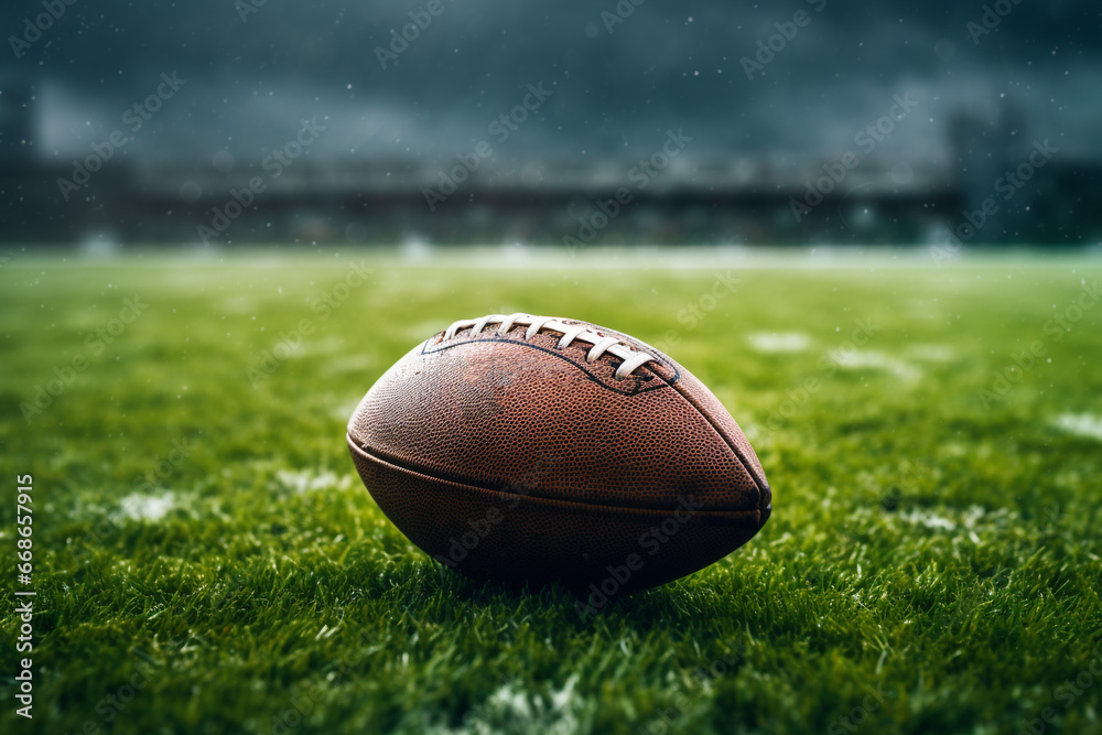 Closeup shot of american footbal on green field Closeup shot of american footbal on green field