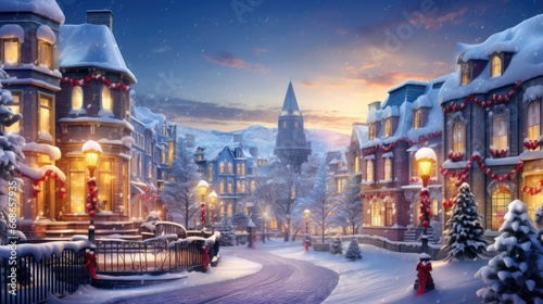 Snow-covered town with illuminated houses, decorated for holidays with towering church backdrop. Winter festive season.
