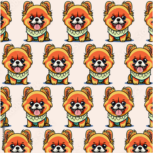 Vector seamless pattern with cute cartoon dog breed pomeranian