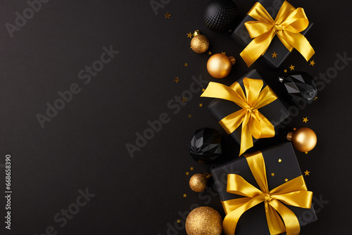Commence the year with acts of kindness through meaningful gifts. Top view flat lay of gift boxes, christmas balls, gold confetti on black background with marketing space