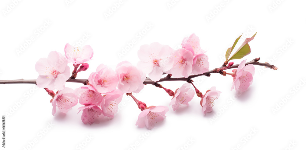 Close-up Flatlay of an Isolated Branch of Sakura (Cherry Blossoms) Delicately Détoured on a Pure White Background