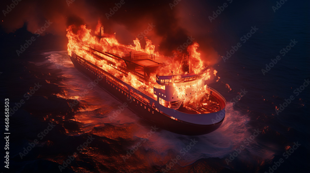 Passenger ocean liner ship engulfed in fire on high seas amidst turbulent waves, tragic and dramatic maritime incident, unpredictable and formidable power of sea, fire on cruise ship, aerial view - obrazy, fototapety, plakaty 