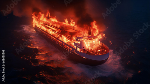 Passenger ocean liner ship engulfed in fire on high seas amidst turbulent waves, tragic and dramatic maritime incident, unpredictable and formidable power of sea, fire on cruise ship, aerial view