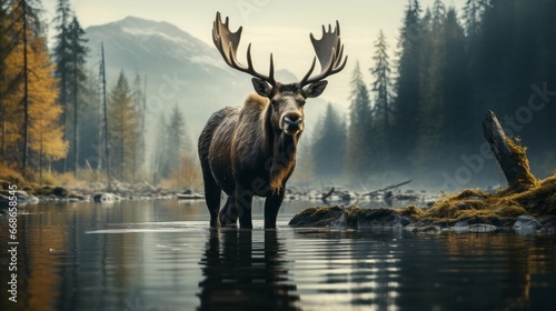 Moose on water near forest at misty morning. Generative AI. © ProVector