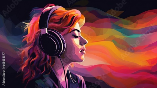 Portrait of woman in headphones immersed in music singing song against abstract background of multicolored waves, favorite hobby and emotional release through singing to music
