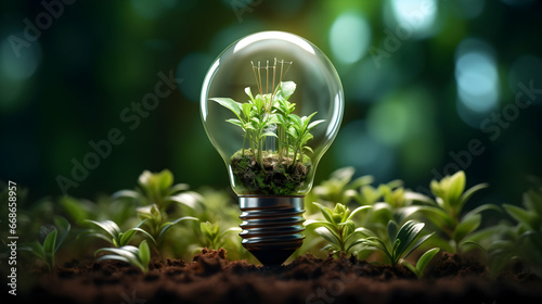 Eco friendly lightbulb with plants green background, Renewable and sustainable energy,Generated Ai
