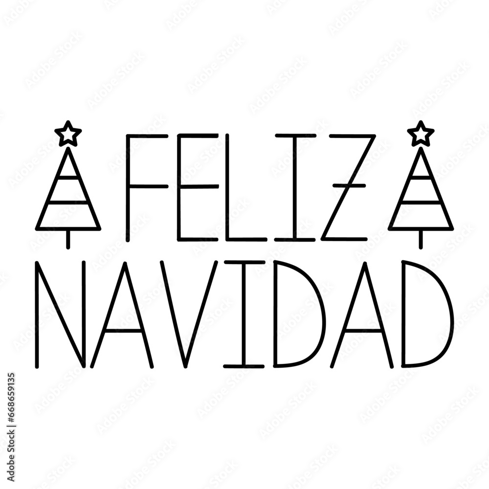 Tiempo de Navidad. Logo con texto manuscrito Feliz Navidad en español con árbol de navidad con estrella lineal para su uso en invitaciones y felicitaciones