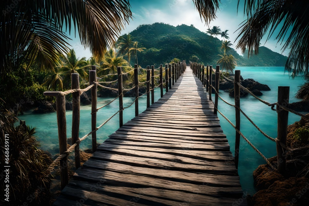 Fototapeta premium The wooden bridge overlooking the sea leads to an island with palm trees. It's a rope bridge