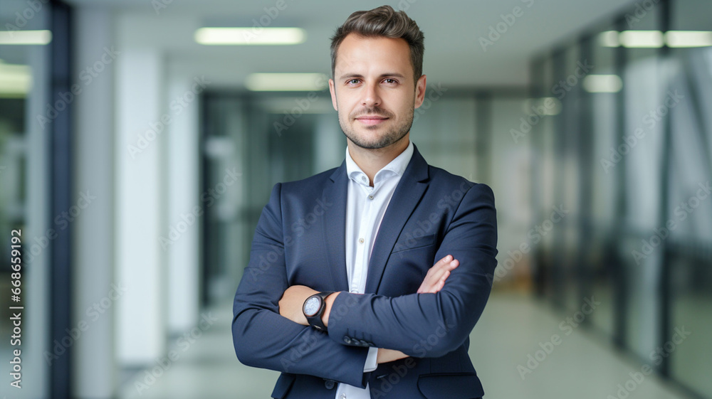 Happy company leader CEO boss executive standing in front of company building.
Happy company leader CEO boss executive standing in front of company building.
