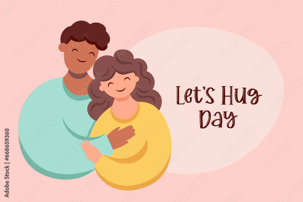 Lets hug day. Hugging happy couple Lets hug day. Hugging happy couple