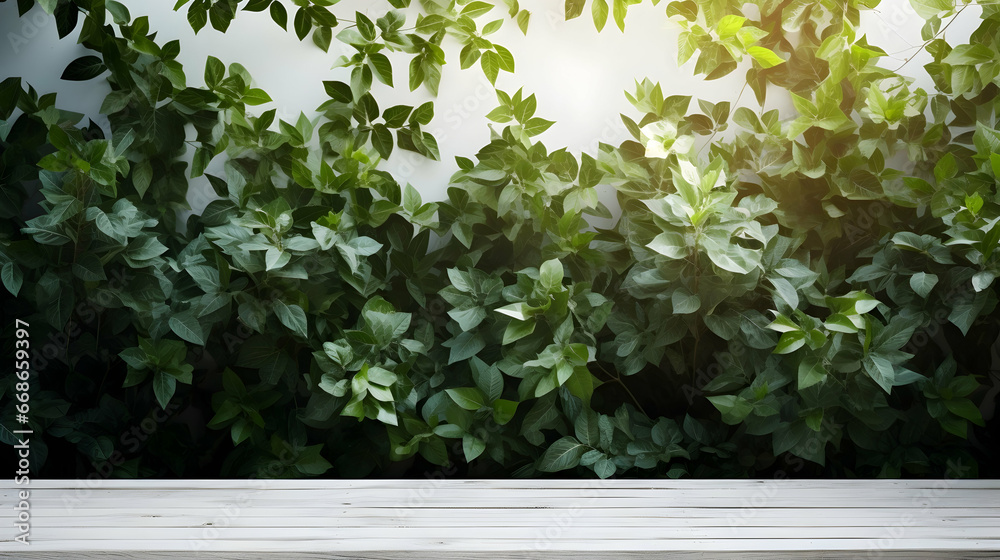 Beautiful Spring Background with Green lush young foliage and an empty wooden table outdoors,Generated Ai Beautiful Spring Background with Green lush young foliage and an empty wooden table outdoors,Generated Ai