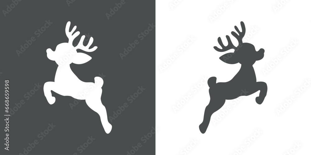 Tiempo de Navidad. Logo con silueta de joven reno Rudolph o cervatillo saltando o volando para su uso en invitaciones y felicitaciones
