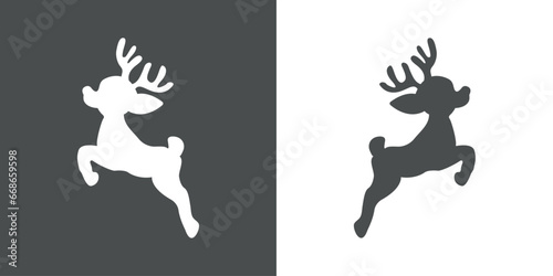 Tiempo de Navidad. Logo con silueta de joven reno Rudolph o cervatillo saltando o volando para su uso en invitaciones y felicitaciones