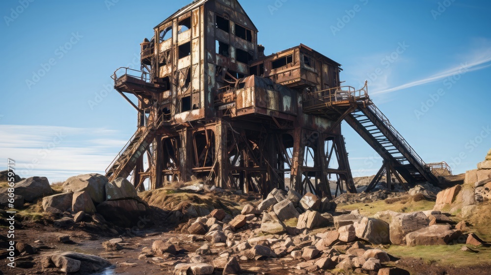 Old abandoned coal mine. Generative AI.