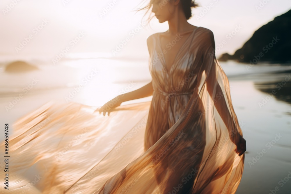 A beautiful woman in a modern dress at the beach at the golden hour. A shot of a model in a magazine-style fashion film photograph - obrazy, fototapety, plakaty 