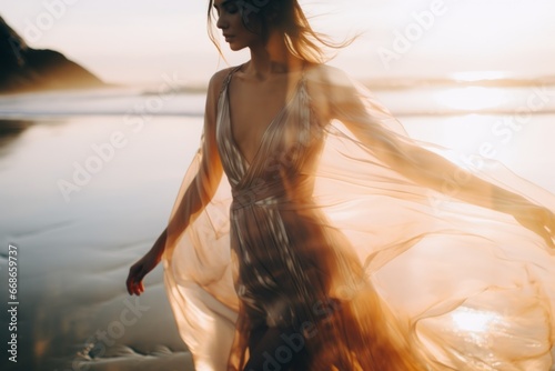 A beautiful woman in a modern dress at the beach at the golden hour. A shot of a model in a magazine-style fashion film photograph