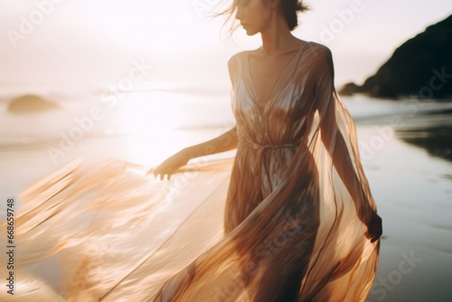 A beautiful woman in a modern dress at the beach at the golden hour. A shot of a model in a magazine-style fashion film photograph