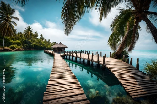 The wooden bridge overlooking the sea leads to an island with palm trees. It's a rope bridge © Bilal