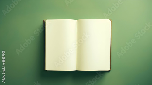 Empty pages of a notebook on a Green Background, processes in vintage color tone,Generated Ai