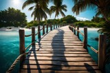 The wooden bridge overlooking the sea leads to an island with palm trees. It's a rope bridge