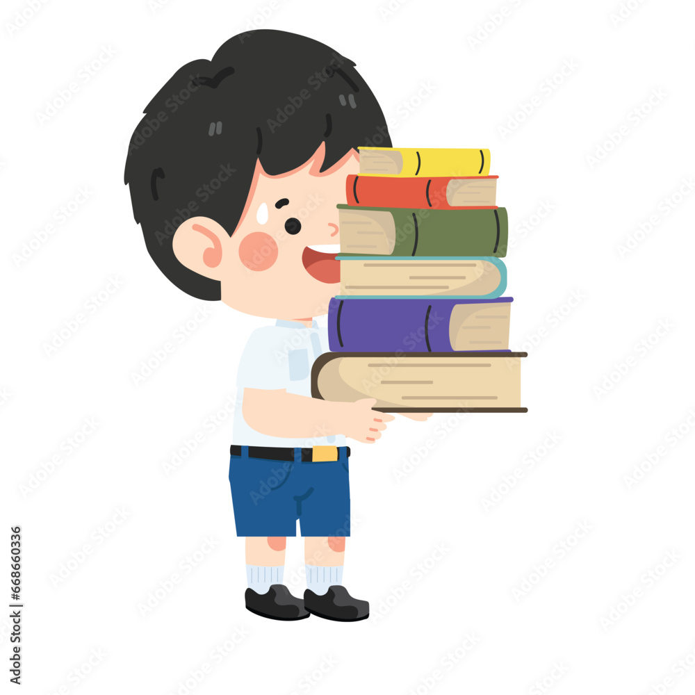 kid student carrying a pile of books kid student carrying a pile of books