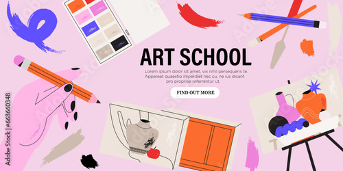 Banner with art supplies border. Creative background of painting workshop, drawing class with brushes, paints, pencils. Horizontal advertising poster with painters stationery. Vector illustration.