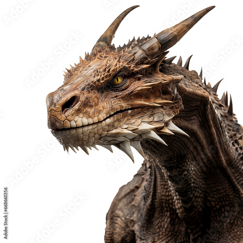 Hyper-Realistic Close-Up of a Brown Dragon with Horns, Isolated on a White Background photo