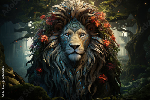 A mesmerizing Transvaal Lion emerging from a moonlit forest, the ethereal glow of the night adding an air of enchantment, Generative Ai