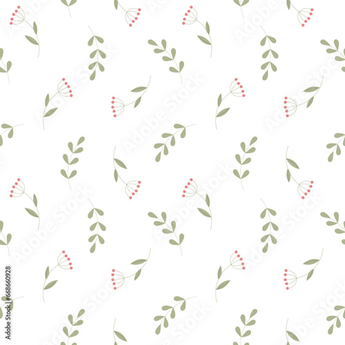 Seamless pattern  small wild flowers and scattered leaves. Floral rustic background  print  textile  wallpaper  vector