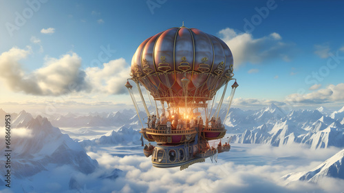 Fantasy concept of a steam powered balloon craft airship sailing through a sea of clouds with snow cap mountains in background,generated with Ai