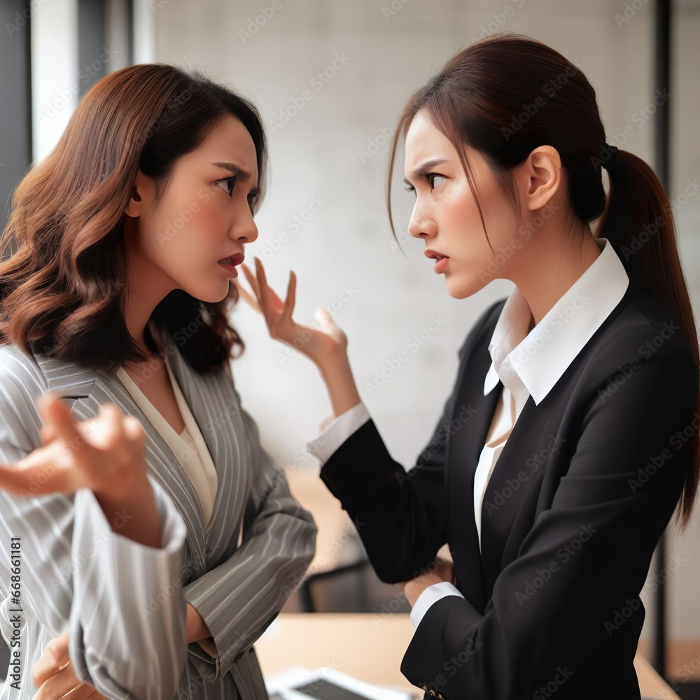 Two female business professionals dressed in formal suits are arguing in the conference room. Two female business professionals dressed in formal suits are arguing in the conference room.