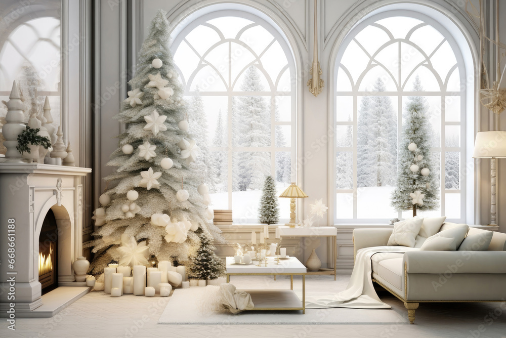 Modern white living room with fireplace decorated for Christmas