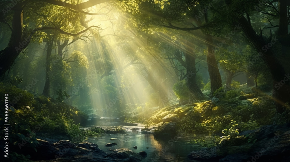 A magical forest illuminated by rays of sunlight filtering through the dense foliage, creating a mystical and ethereal atmosphere. Magical forest with mystic atmosphere. Beams of sunlight coming throu