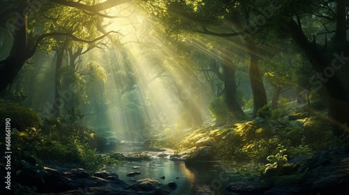 A magical forest illuminated by rays of sunlight filtering through the dense foliage, creating a mystical and ethereal atmosphere. Magical forest with mystic atmosphere. Beams of sunlight coming throu © Dirk
