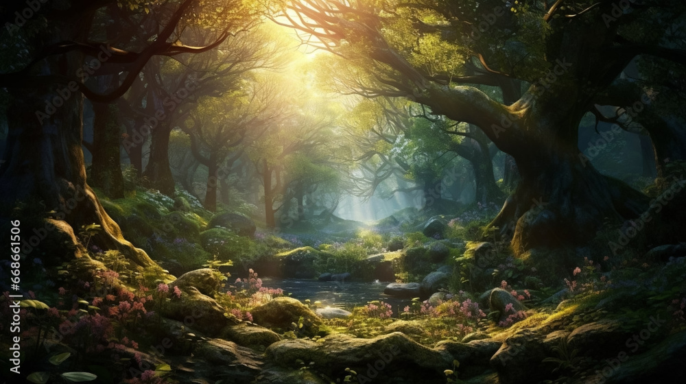 A magical forest illuminated by rays of sunlight filtering through the dense foliage, creating a mystical and ethereal atmosphere. Magical forest with mystic atmosphere. Beams of sunlight coming throu